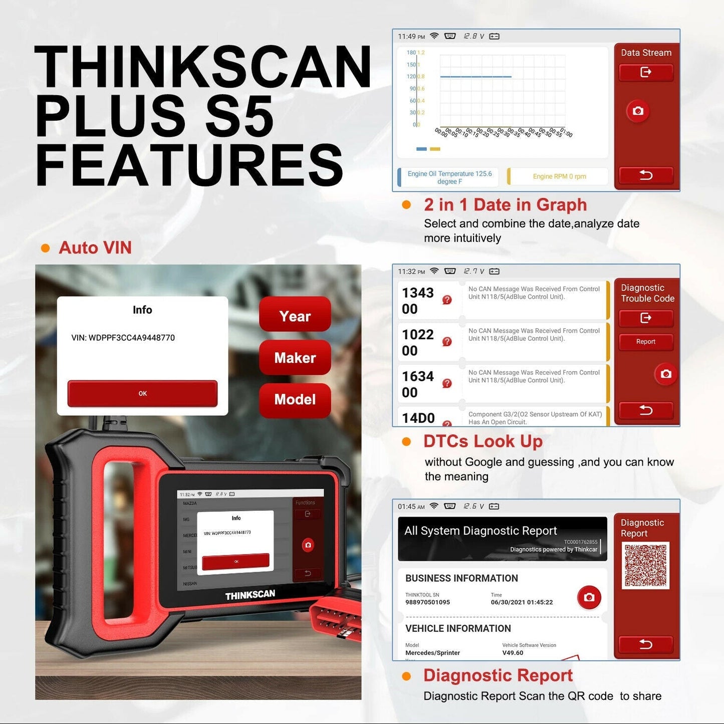 Thinkcar Thinkscan Plus S5 OBD2 Car Scanner OBD Engine ABS SRS Transmission Code