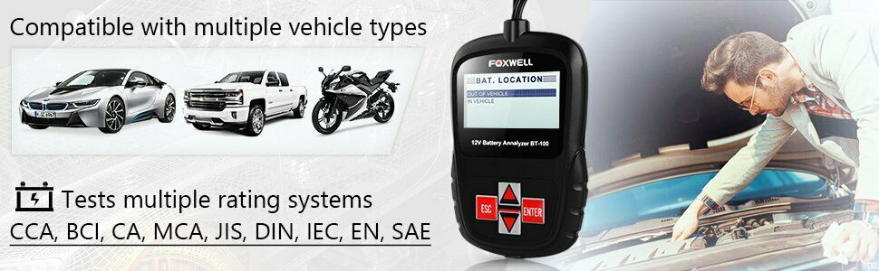 FOXWELL BT100 6V 12V Car Battery Tester For Flooded AGM GEL 100 to 1100CCA 200AH