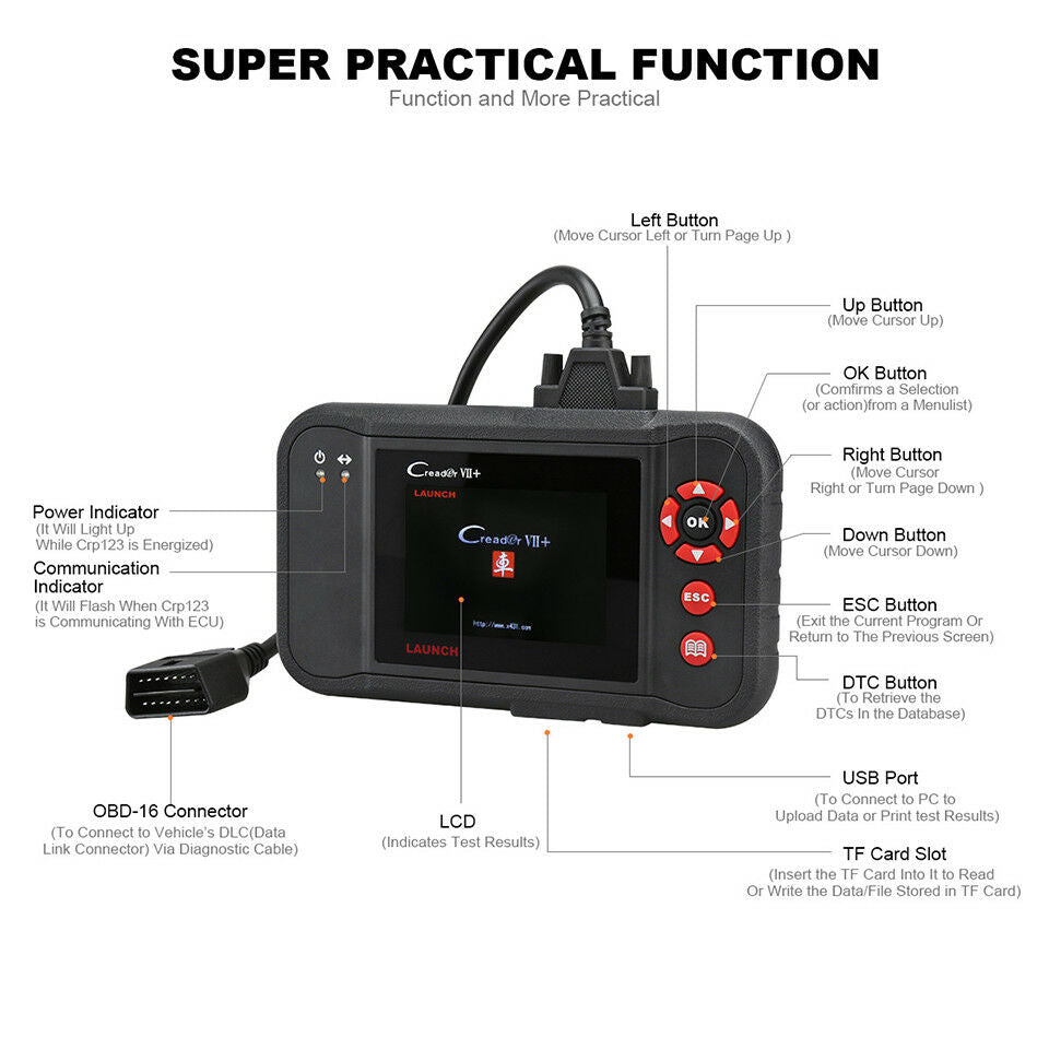 Launch Creader VII+ OBD2 Car Diagnostic Scanner Engine SRS ABS Transmission