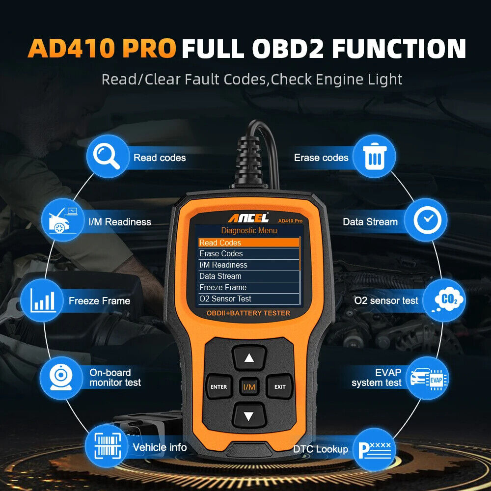 ANCEL AD410 PRO OBD2 Scanner 6V 12V Car Battery Tester 2 in1 Car Diagnostic Scan - Car's OBD2 USA