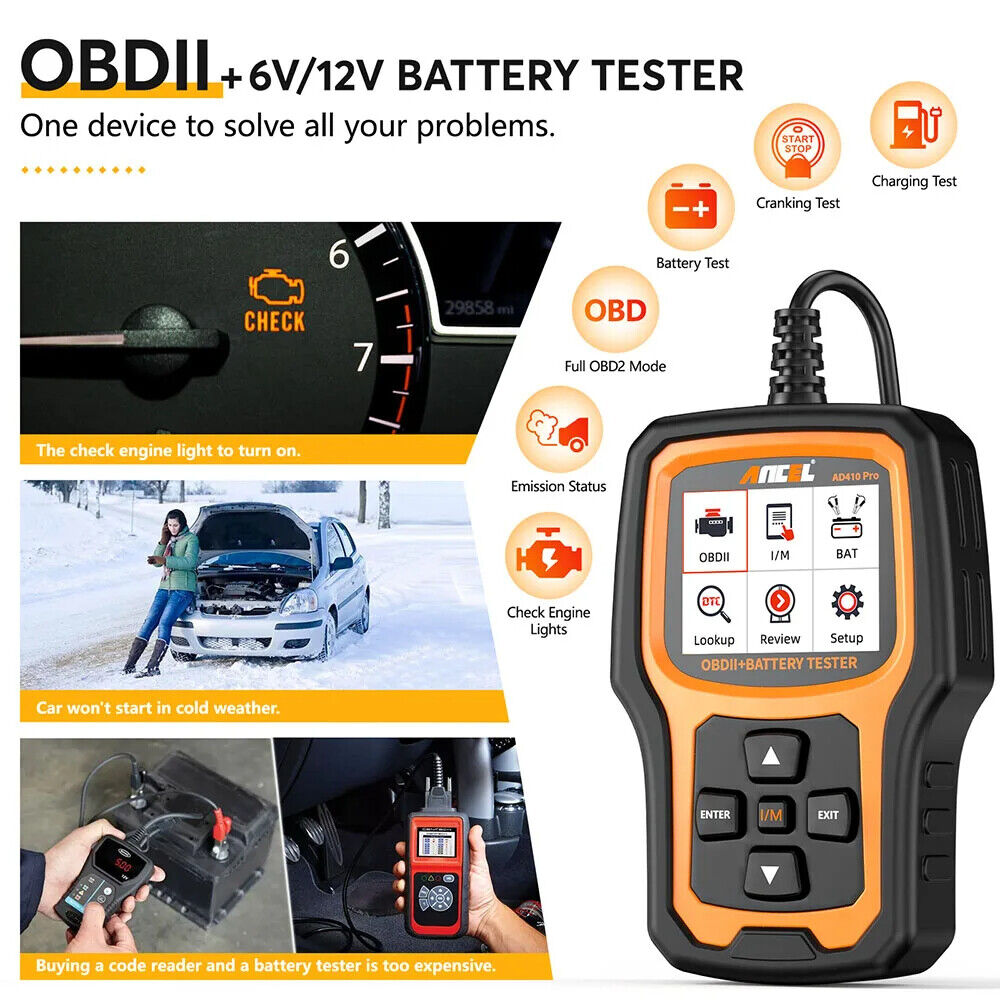 ANCEL AD410 PRO OBD2 Scanner 6V 12V Car Battery Tester 2 in1 Car Diagnostic Scan - Car's OBD2 USA