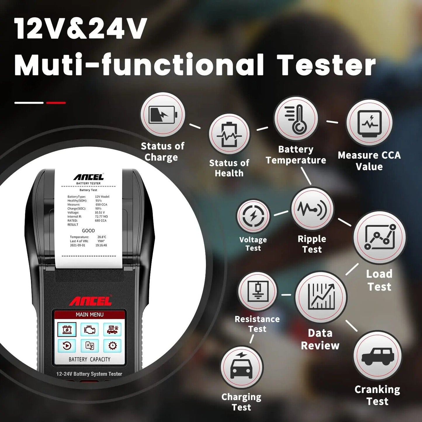 ANCEL BST600 12V/24V Car Battery Tester - Car's OBD2 USA