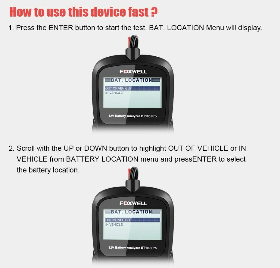 FOXWELL BT100 6V 12V Car Battery Tester For Flooded AGM GEL 100 to 1100CCA 200AH