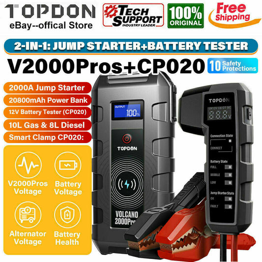 TOPDON 2000A VOLCANO2000 ProS Peak 20800mAh Car Jump Starter CP020 Clamp V2000