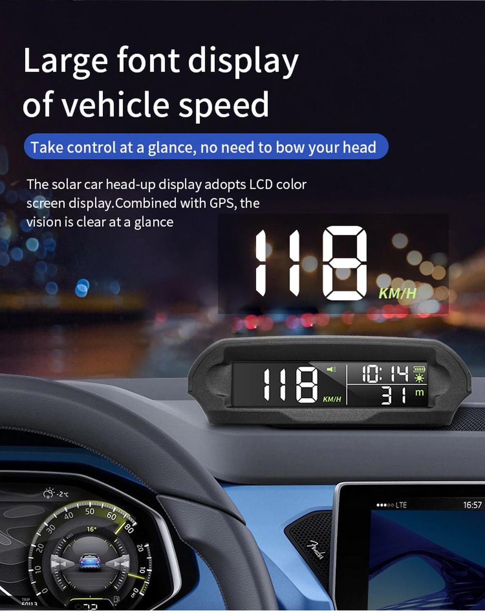 Wireless HUD HEAD-UP DISPLAY Car/Truck/Bus Solar Panel Digital Speedometer Universal GPS Speed Warning Alarm