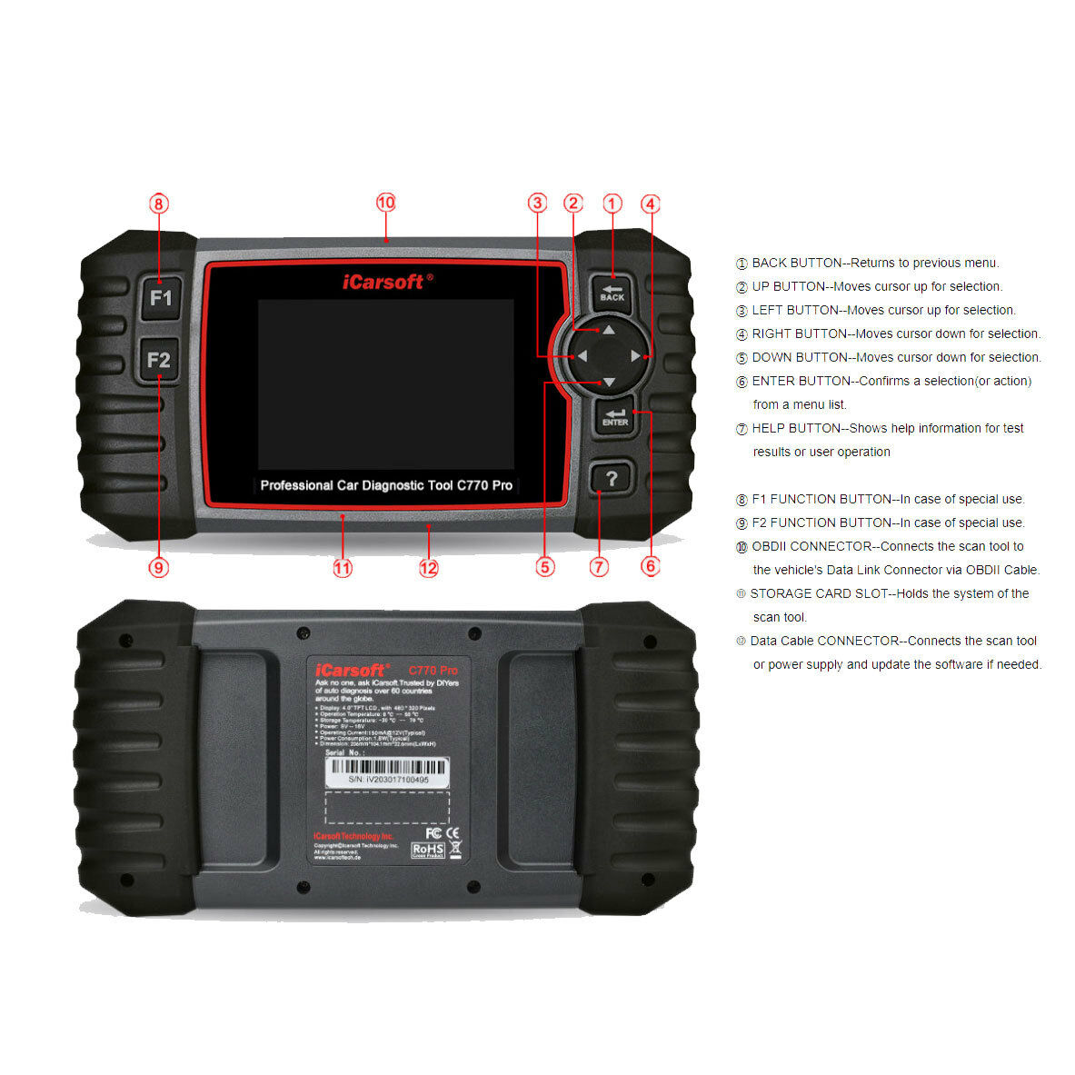 iCarsoft C770 Pro Multi-Systems Diagnostic Scan Tool for Multi-Brand Vehicles