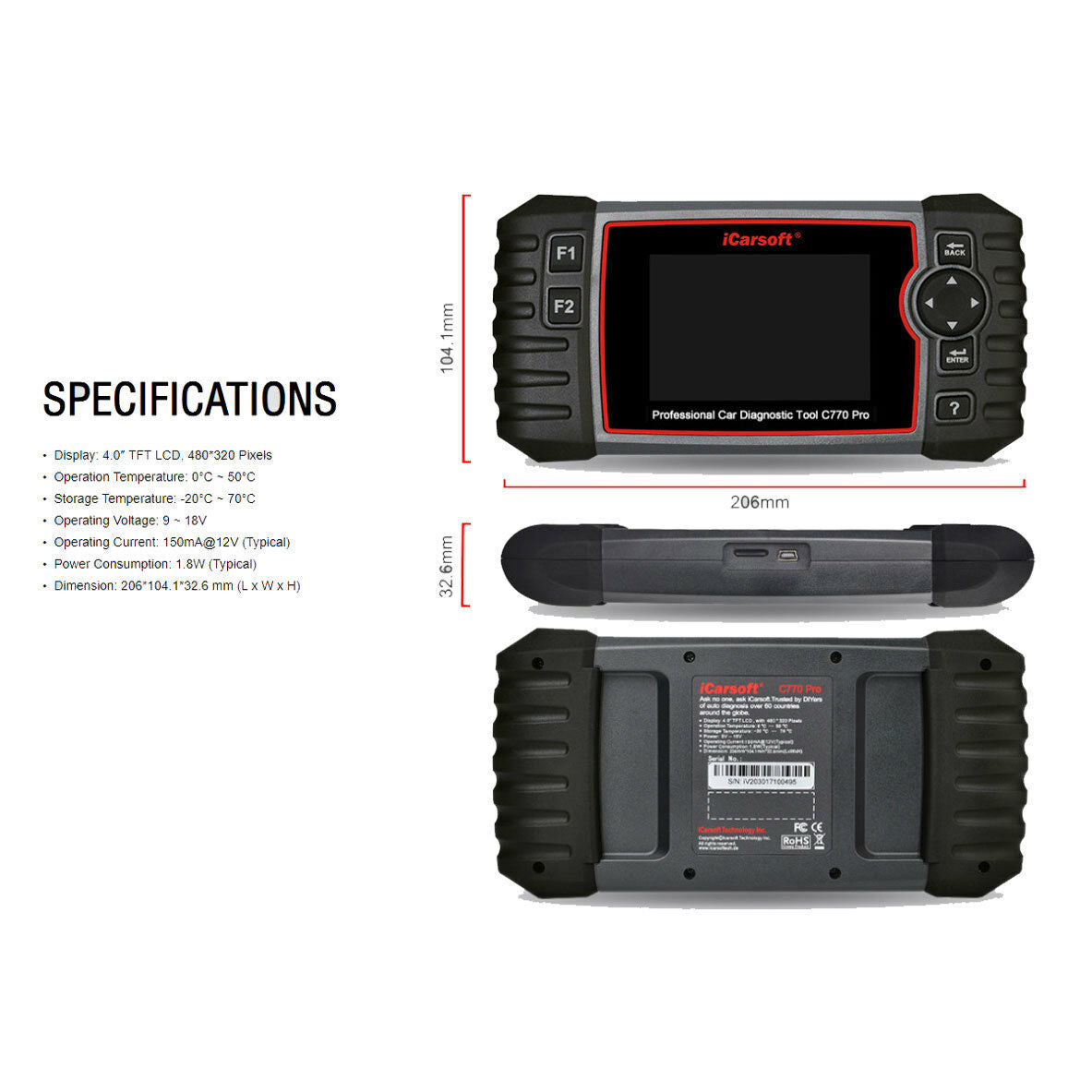 iCarsoft C770 Pro Multi-Systems Diagnostic Scan Tool for Multi-Brand Vehicles